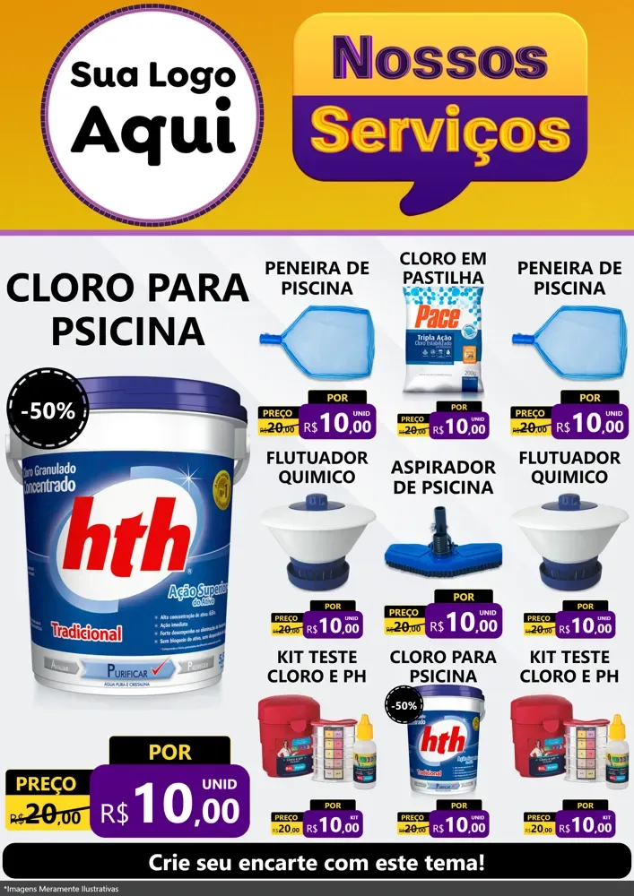 Modelo de Encarte para Encarte A4 Vertical com o tema Nossos Serviços para Produtos para Piscina