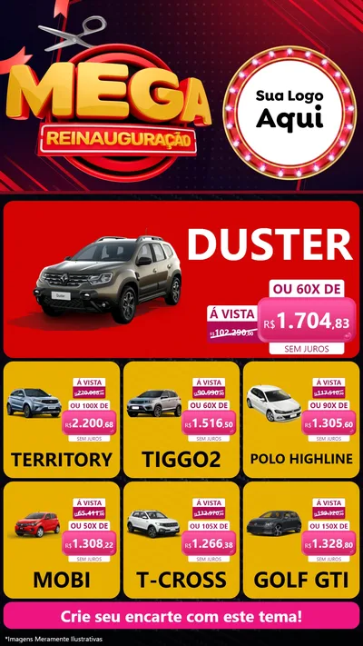 Modelo de Rede Social para Stories com o tema Mega Reinauguração para Concessionaria de Carros