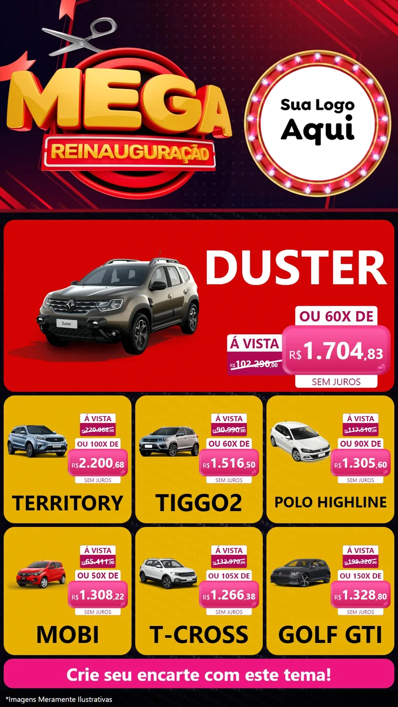 Modelo de Rede Social para Stories com o tema Mega Reinauguração para Concessionaria de Carros