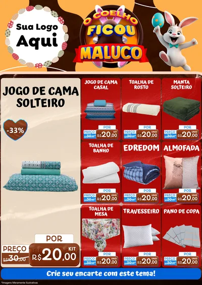 Modelo de Encarte para Encarte A4 Vertical com o tema O Coelho Ficou Maluco - Páscoa para Cama, Mesa e Banho
