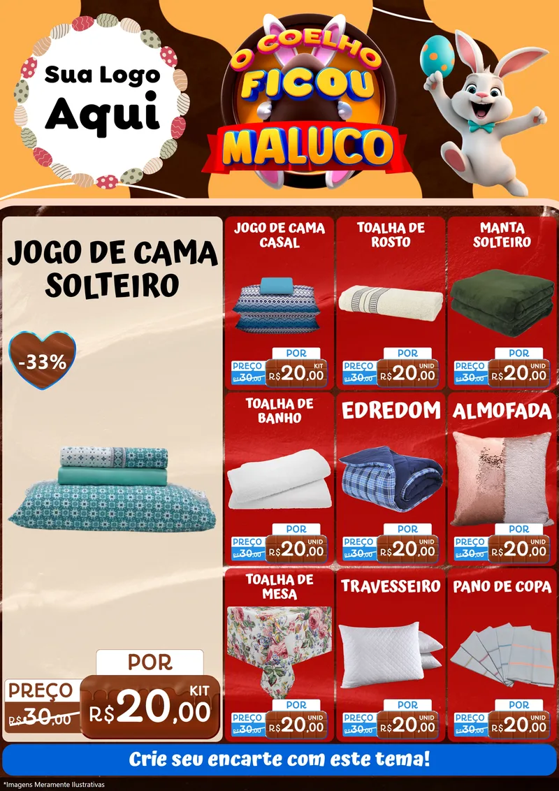 Modelo de Encarte para Encarte A4 Vertical com o tema O Coelho Ficou Maluco - Páscoa para Cama, Mesa e Banho