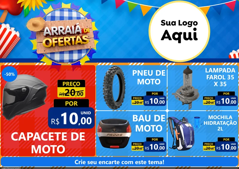 Modelo de Encarte para Encarte A4 Horizontal com o tema Arraiá de Ofertas para Moto peças