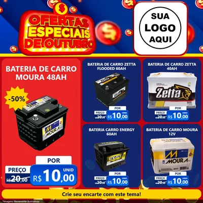 Modelo de Rede Social para Feed Facebook com o tema Ofertas Especiais de Outubro para Baterias Elétricas