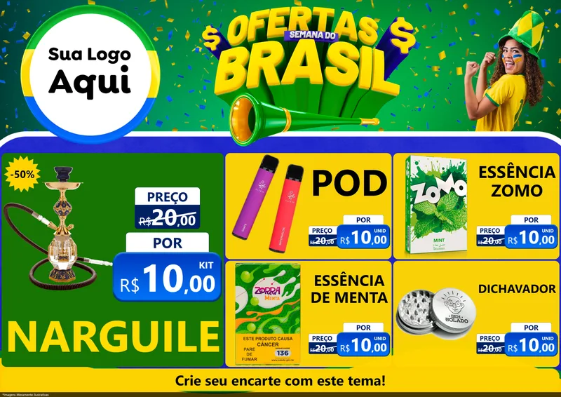 Modelo de Encarte para Encarte A4 Horizontal com o tema Ofertas Semana do Brasil para Tabacaria