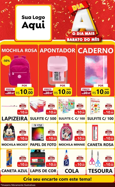 Modelo de Encarte para Encarte Grande com o tema Dia A o Dia Mais Barato do Mês para Papelaria