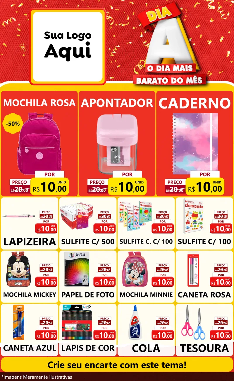 Modelo de Encarte para Encarte Grande com o tema Dia A o Dia Mais Barato do Mês para Papelaria