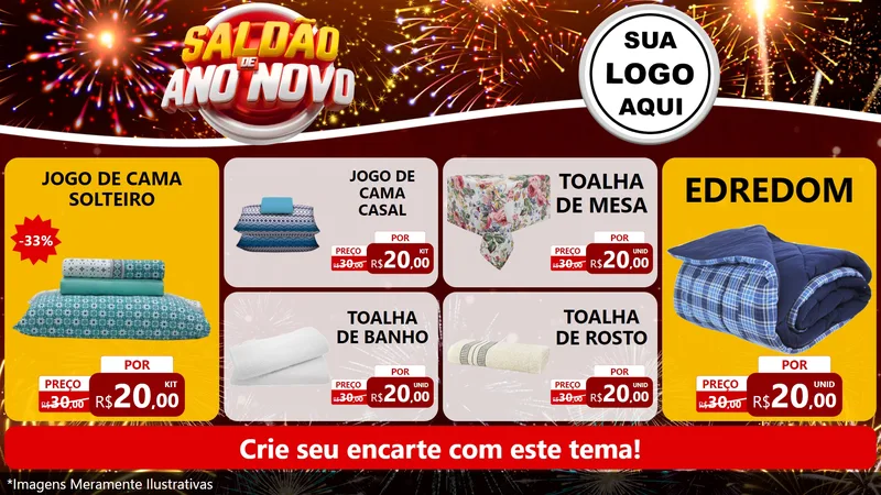 Modelo de TV para TV Horizontal com o tema Saldão de Ano Novo para Cama, Mesa e Banho