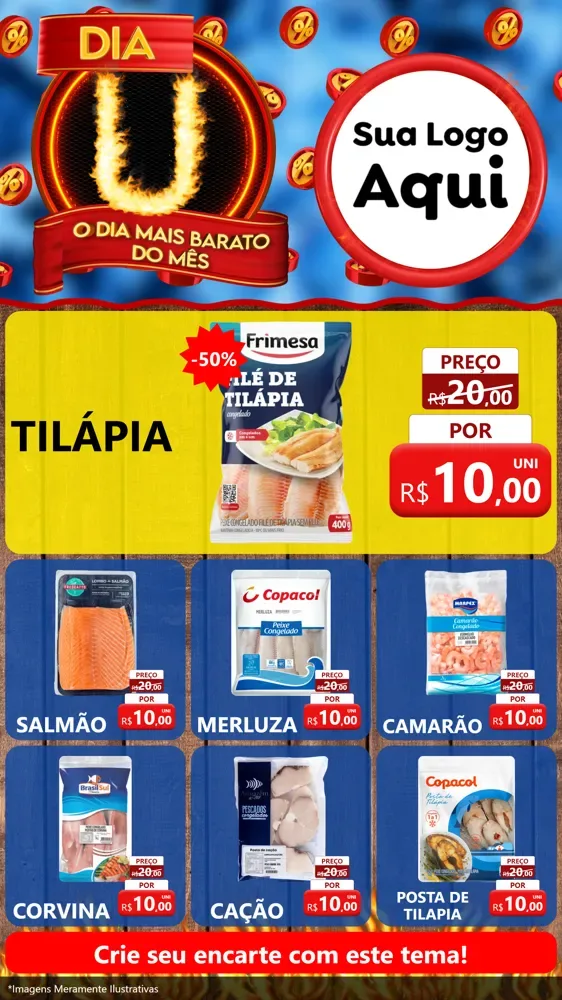 Modelo de Rede Social para Stories com o tema Dia U - O Dia Mais Barato Do Mês para Peixaria