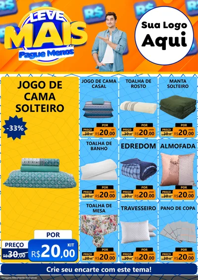 Modelo de Encarte para Encarte A4 Vertical com o tema Leve Mais, Pague Menos para Cama, Mesa e Banho