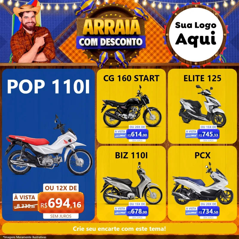 Modelo de Rede Social para Feed Facebook com o tema Arraiá Com Desconto para Concessionaria de Motos