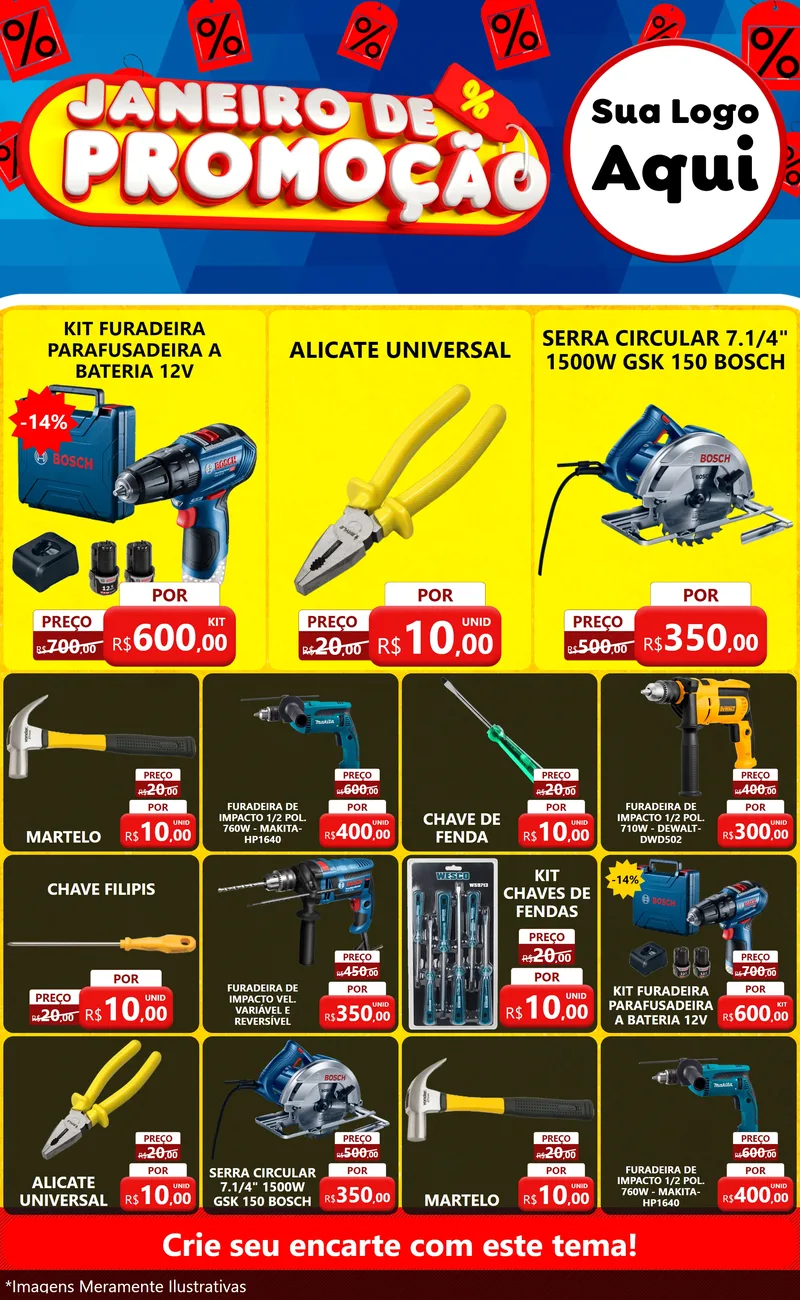 Modelo de Encarte para Encarte Grande com o tema Janeiro de Promoção para Maquinas e Ferramentas