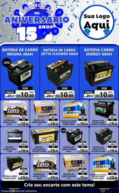 Modelo de Encarte para Encarte Grande com o tema Promoção de Aniversário - 15 Anos para Baterias Elétricas