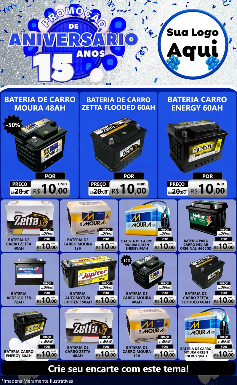 Modelo de Encarte para Encarte Grande com o tema Promoção de Aniversário - 15 Anos para Baterias Elétricas