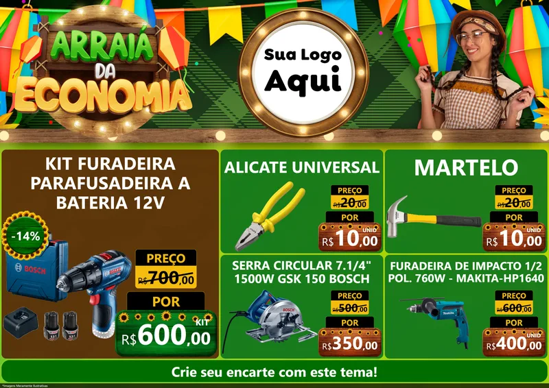 Modelo de Encarte para Encarte A4 Horizontal com o tema Arraiá de Economia para Maquinas e Ferramentas