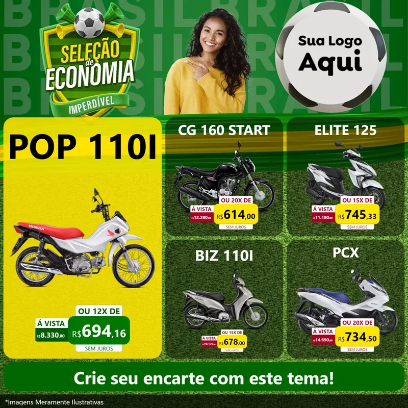 Modelo de Rede Social para Feed Facebook com o tema Seleção de Economia - Copa para Concessionaria de Motos