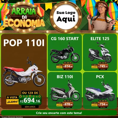 Modelo de Rede Social para Feed Facebook com o tema Arraiá de Economia para Concessionaria de Motos