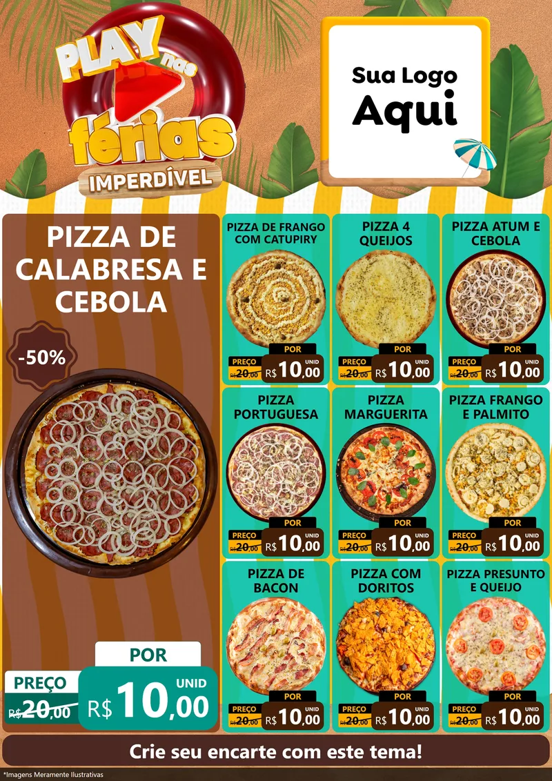 Modelo de Encarte para Encarte A4 Vertical com o tema Play Nas Férias Imperdível para Pizzaria