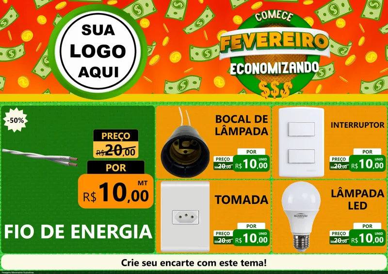 Modelo de Encarte para Encarte A4 Horizontal com o tema Comece Fevereiro Economizando para Materiais Elétricos