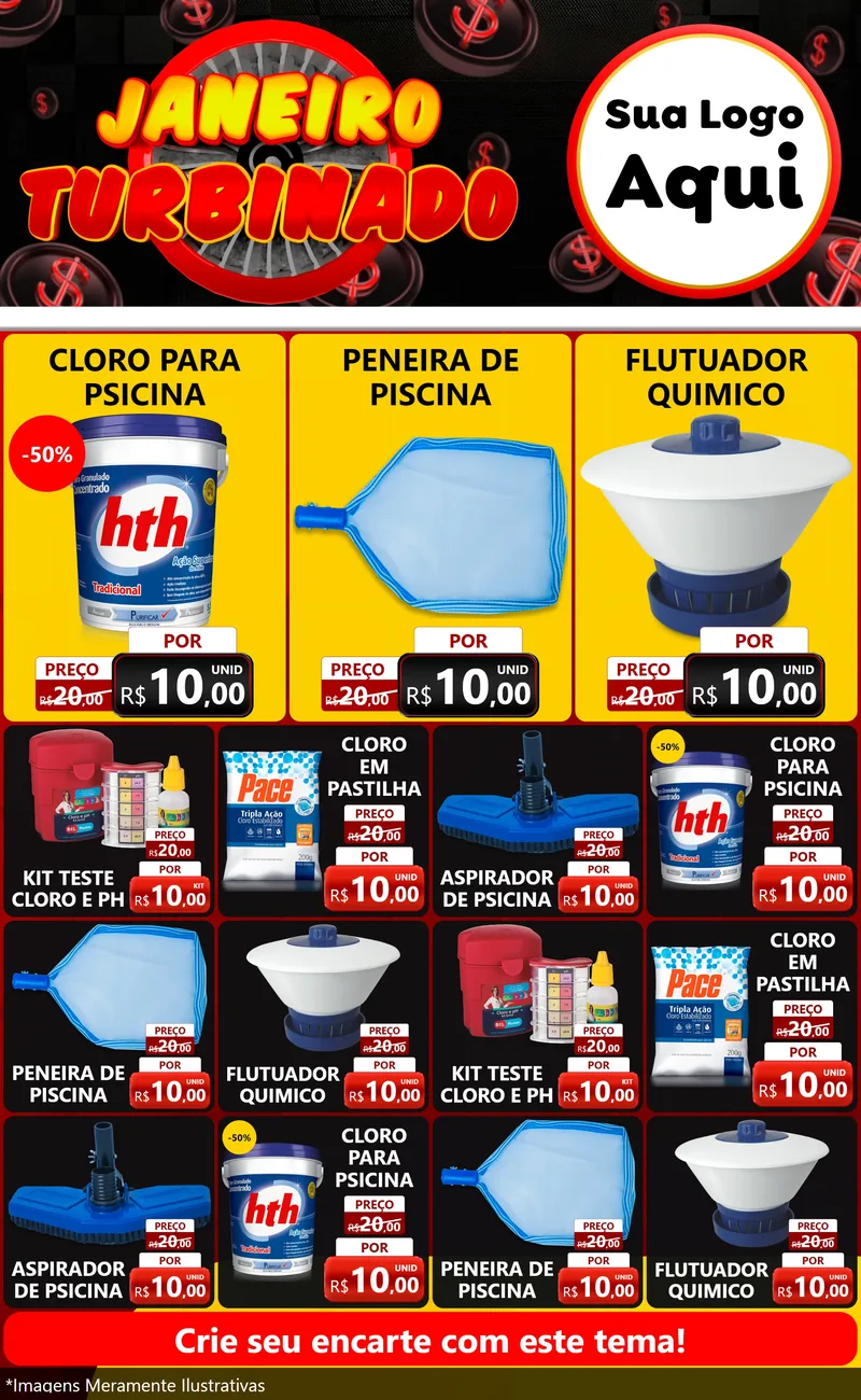 Modelo de Encarte para Encarte Grande com o tema Janeiro Turbinado para Produtos para Piscina