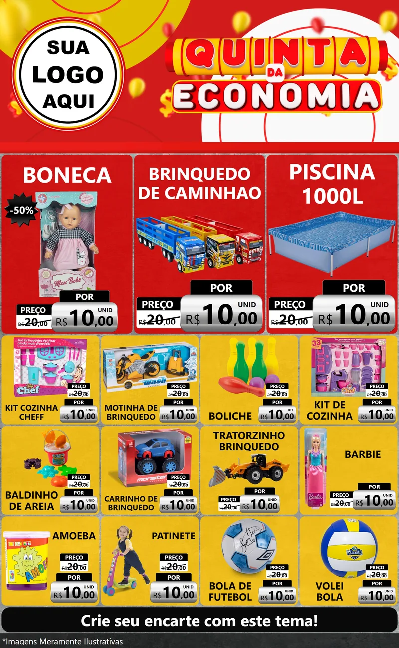 Modelo de Encarte para Encarte Grande com o tema Quinta da Economia para Brinquedos