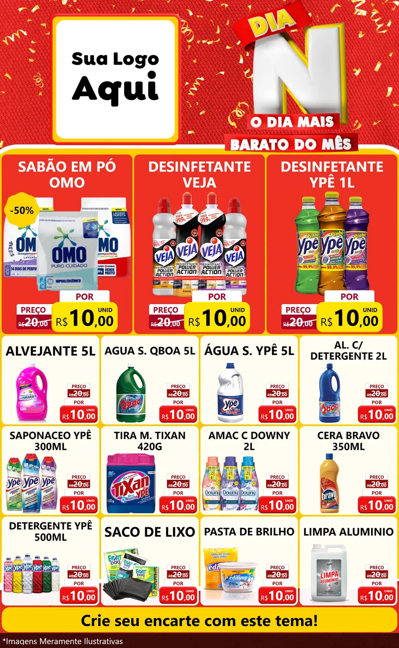 Modelo de Encarte para Encarte Grande com o tema Dia N o Dia Mais Barato do Mês para Produtos de Limpeza