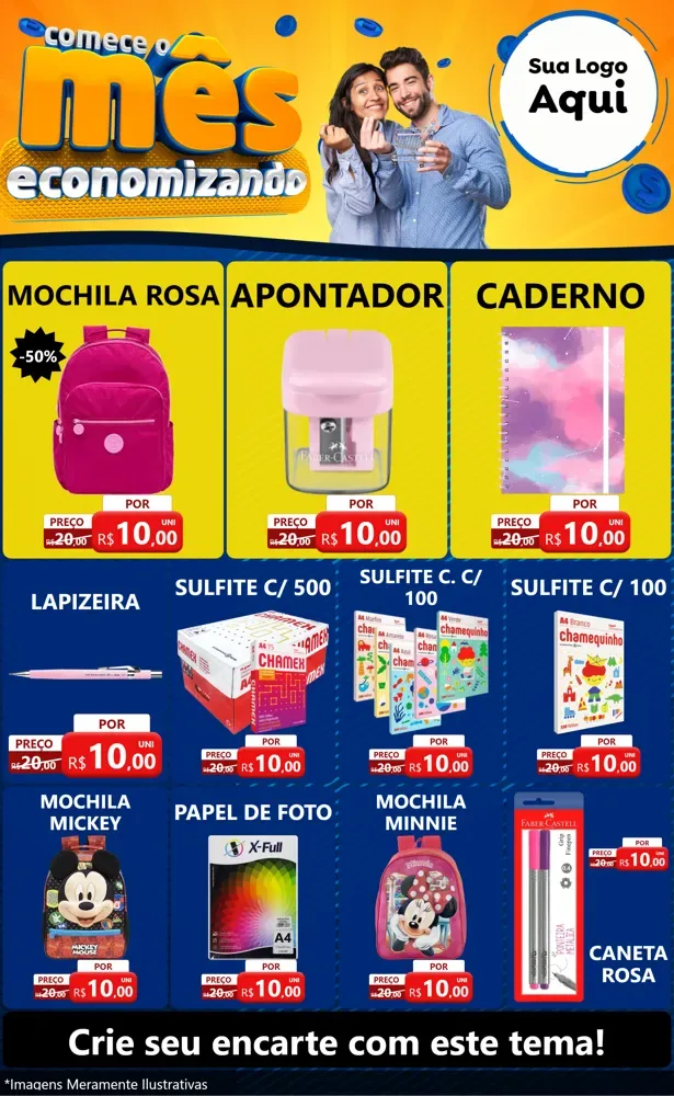 Modelo de Encarte para Encarte Grande com o tema Comece O Mês Economizando para Papelaria