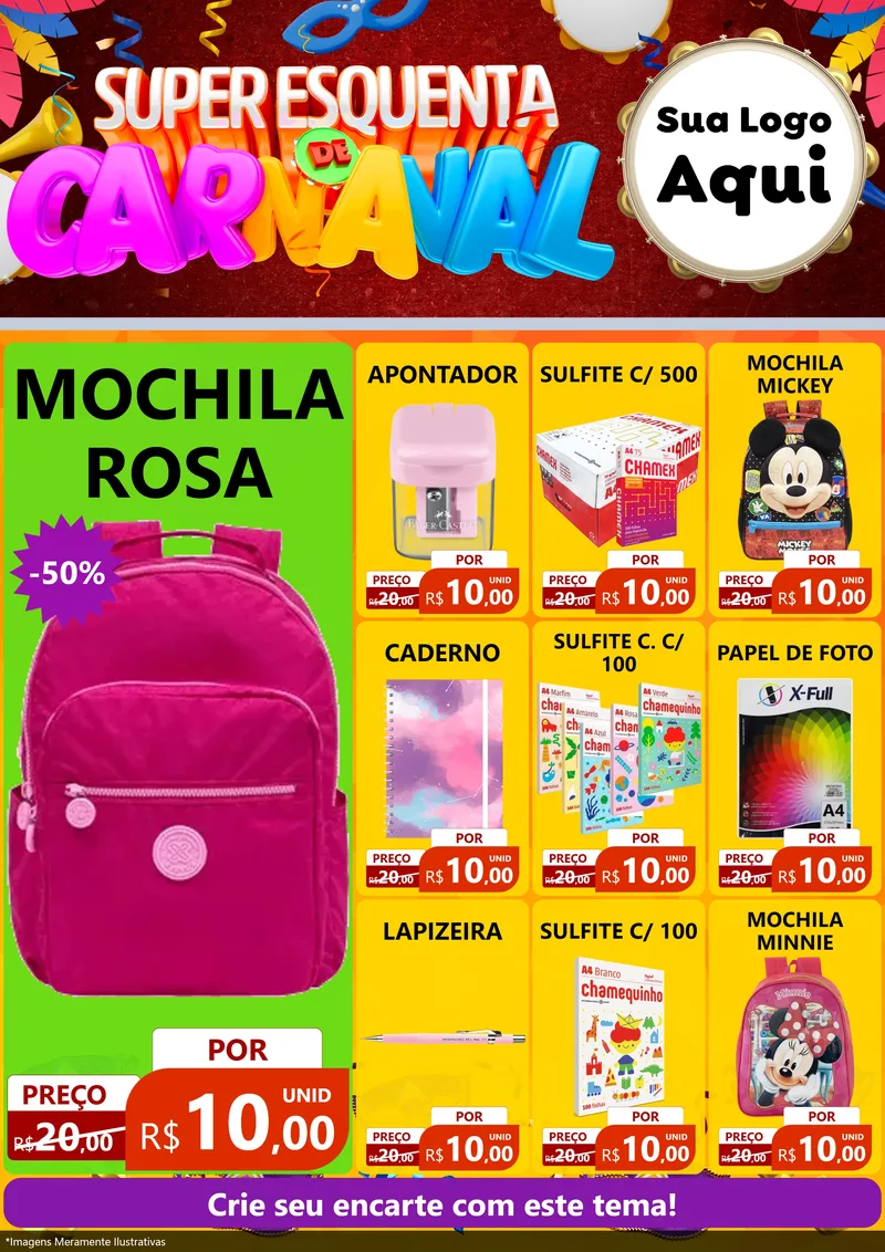 Modelo de Encarte para Encarte A4 Vertical com o tema Super Esquenta de Carnaval para Papelaria