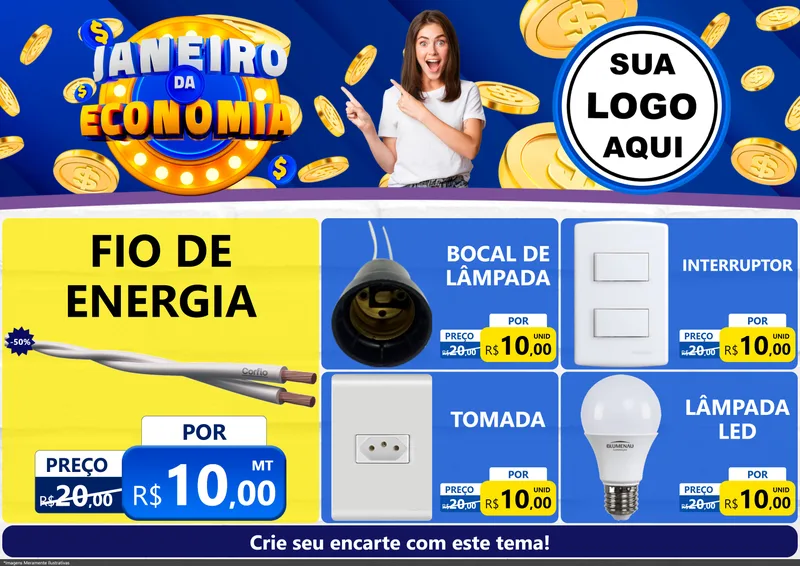 Modelo de Encarte para Encarte A4 Horizontal com o tema Janeiro da Economia para Materiais Elétricos