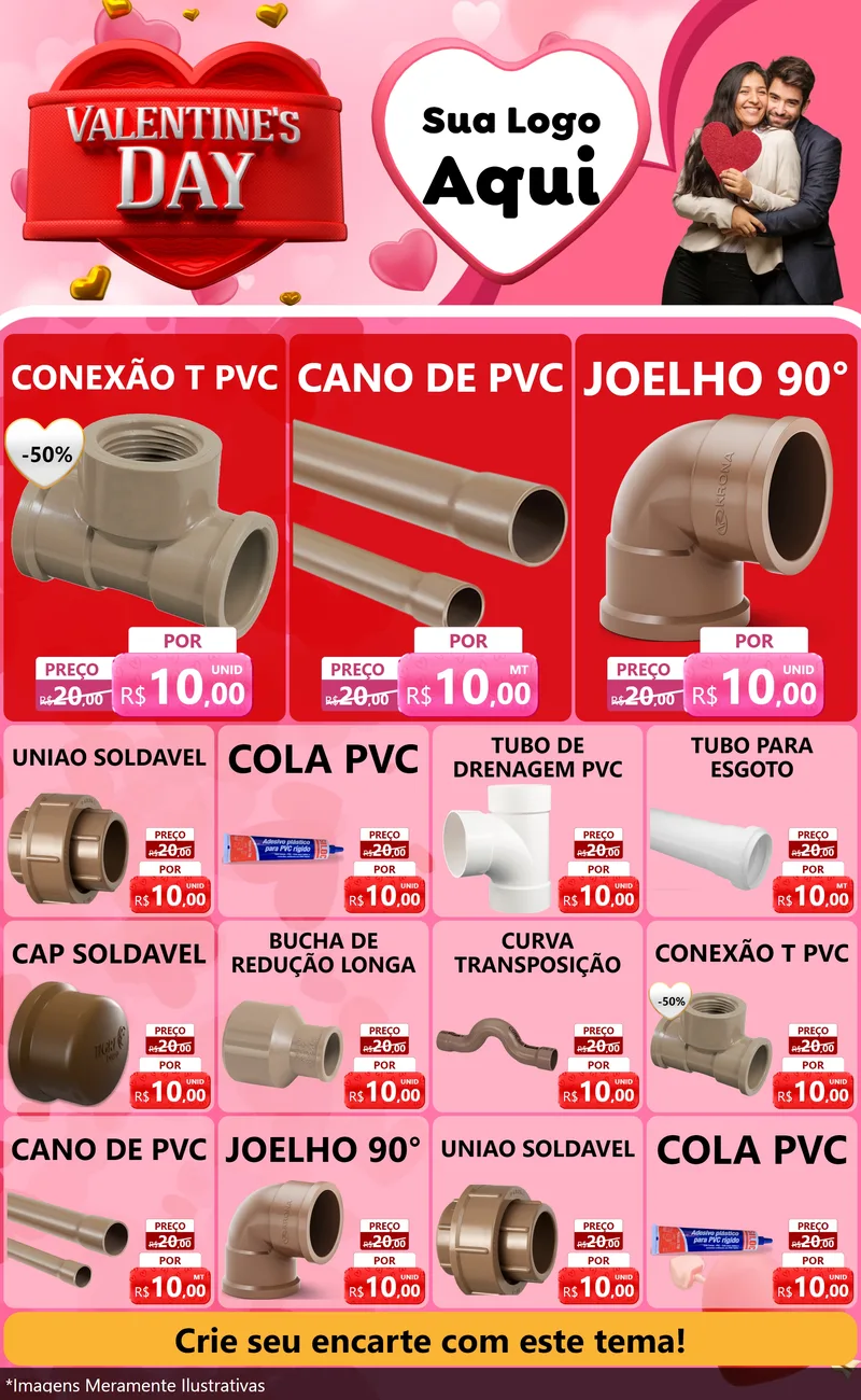 Modelo de Encarte para Encarte Grande com o tema Valentine's Day para Tubos e conexões