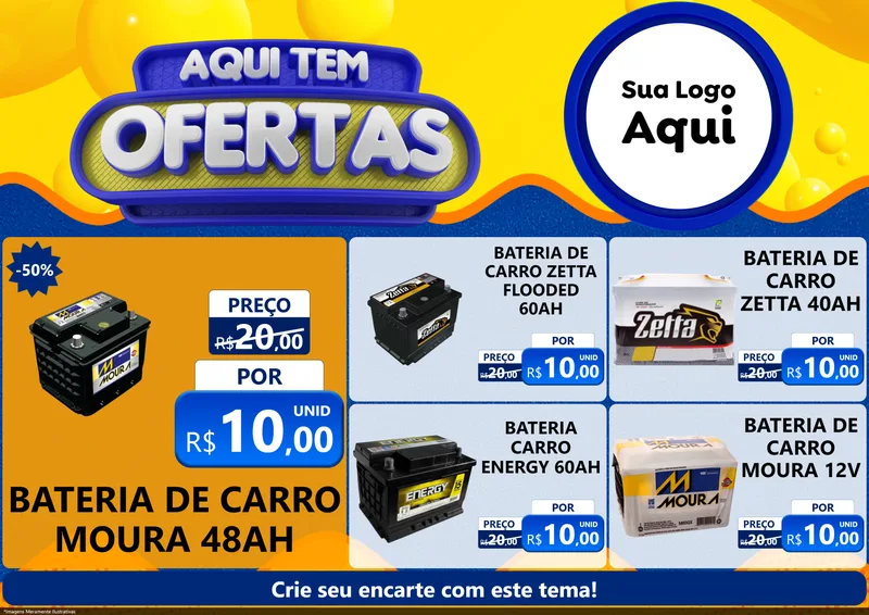 Modelo de Encarte para Encarte A4 Horizontal com o tema Aqui Tem Ofertas para Baterias Elétricas