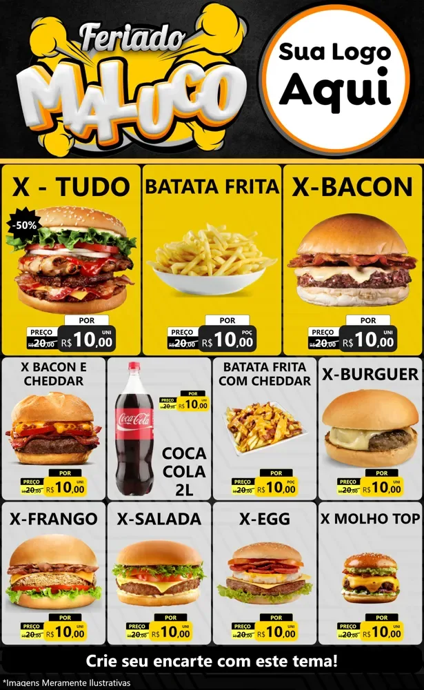 Modelo de Encarte para Encarte Grande com o tema Feriado Maluco para Hamburgueria