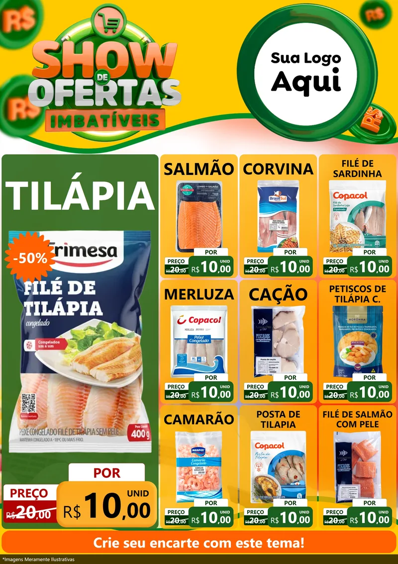 Modelo de Encarte para Encarte A4 Vertical com o tema Show de Ofertas Imbatíveis para Peixaria
