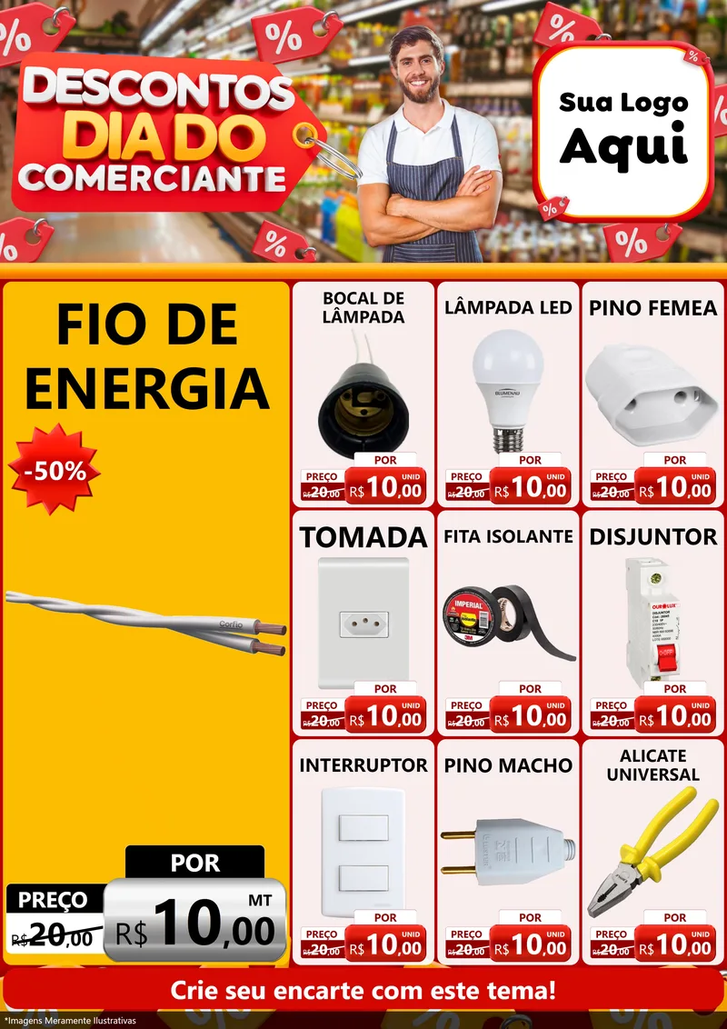 Modelo de Encarte para Encarte A4 Vertical com o tema Descontos Dia do Comerciante para Materiais Elétricos