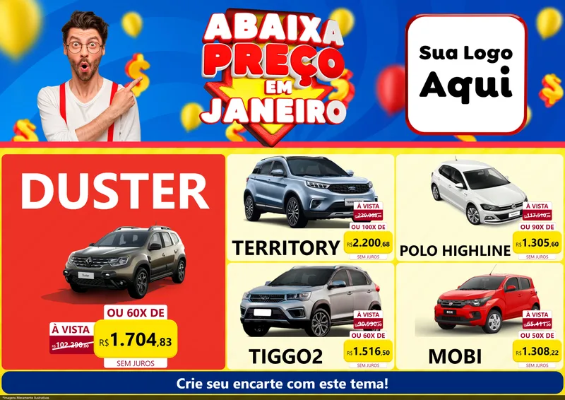 Modelo de Encarte para Encarte A4 Horizontal com o tema Abaixa Preço em Janeiro para Concessionaria de Carros