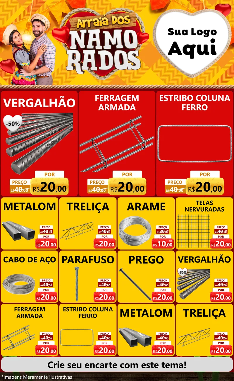 Modelo de Encarte para Encarte Grande com o tema Arraiá dos Namorados para Ferragens