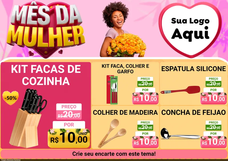 Modelo de Encarte para Encarte A4 Horizontal com o tema Mês da Mulher para Utilidades Domésticas