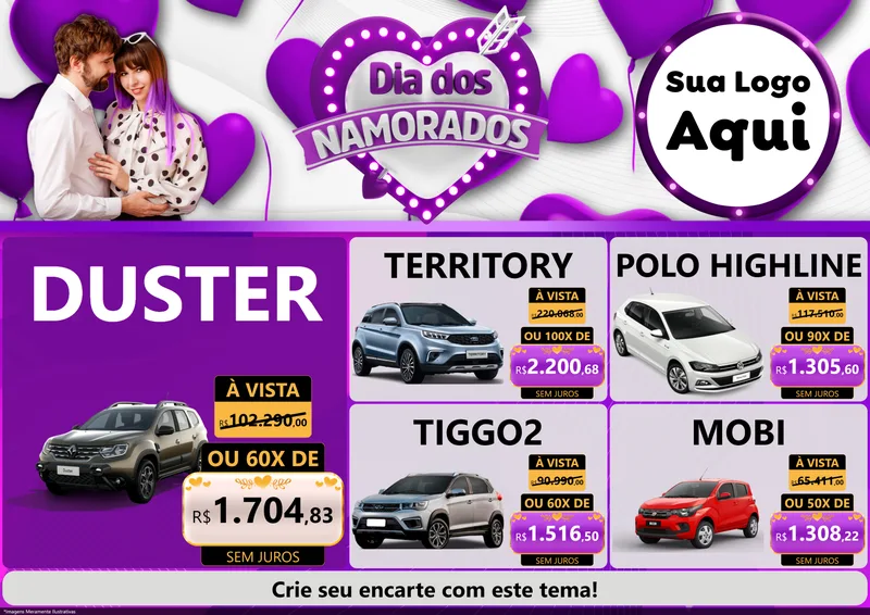 Modelo de Encarte para Encarte A4 Horizontal com o tema Dia dos Namorados para Concessionaria de Carros