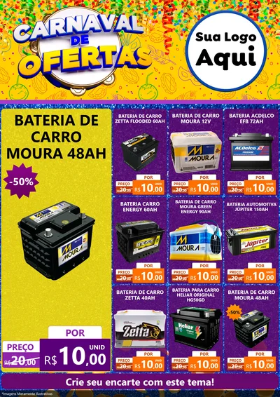 Modelo de Encarte para Encarte A4 Vertical com o tema Carnaval de Ofertas para Baterias Elétricas