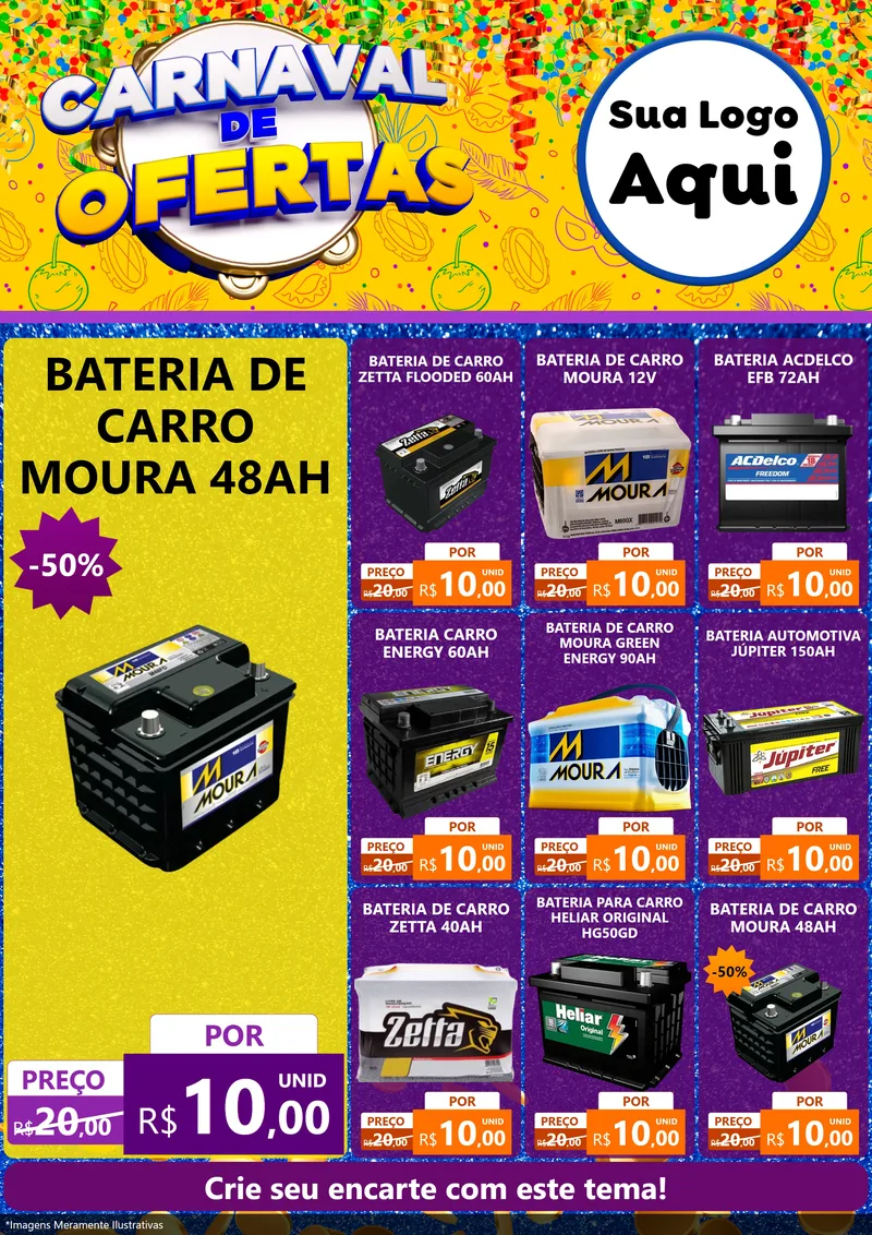 Modelo de Encarte para Encarte A4 Vertical com o tema Carnaval de Ofertas para Baterias Elétricas