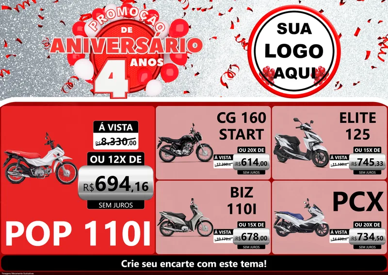 Modelo de Encarte para Encarte A4 Horizontal com o tema Promoção de Aniversário - 4 Anos para Concessionaria de Motos