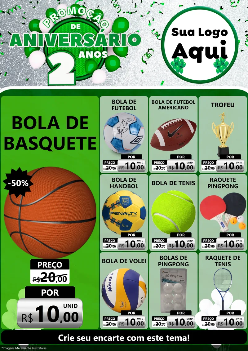 Modelo de Encarte para Encarte A4 Vertical com o tema Promoção de Aniversário - 2 Anos para Artigos Esportivos