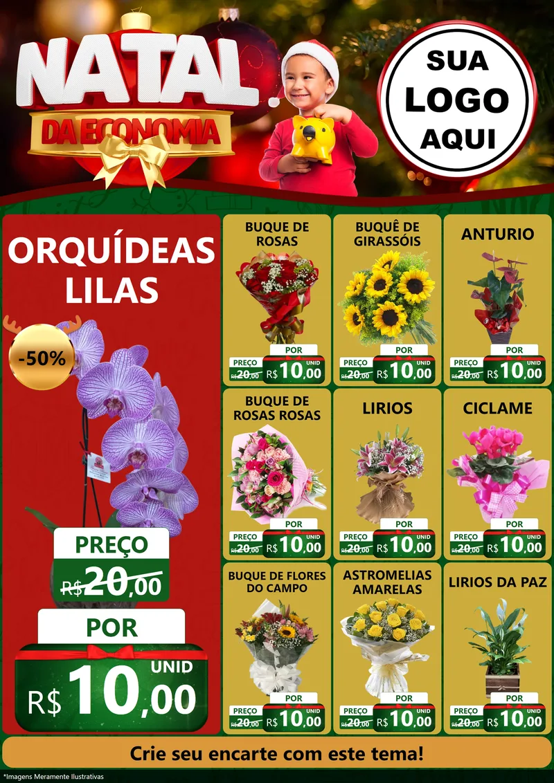 Modelo de Encarte para Encarte A4 Vertical com o tema Natal da Economia para Floricultura e jardim