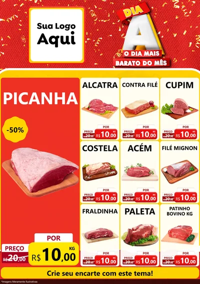 Modelo de Encarte para Encarte A4 Vertical com o tema Dia A o Dia Mais Barato do Mês para Açougue