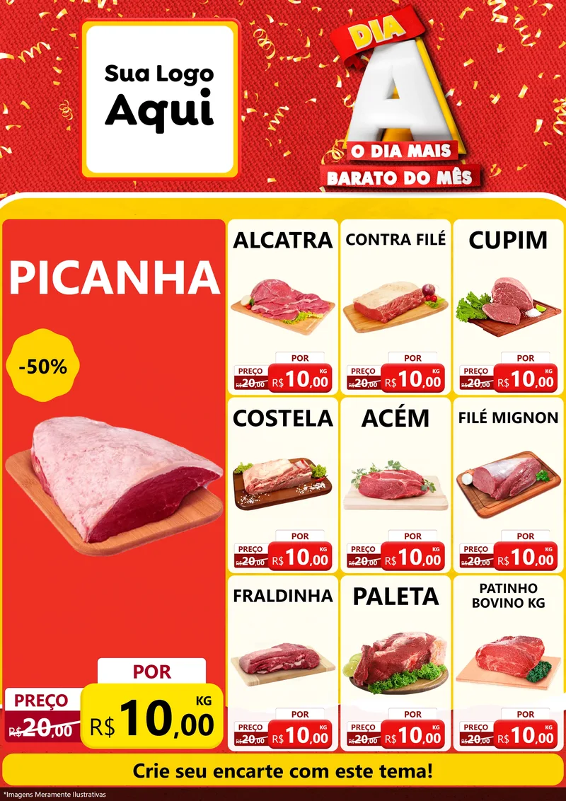 Modelo de Encarte para Encarte A4 Vertical com o tema Dia A o Dia Mais Barato do Mês para Açougue