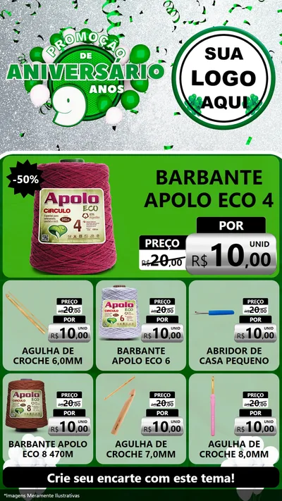 Modelo de Rede Social para Stories com o tema Promoção de Aniversário - 9 Anos para Armarinho e Aviamentos