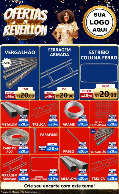 Modelo de Encarte para Encarte Grande com o tema Ofertas de Réveillon para Ferragens