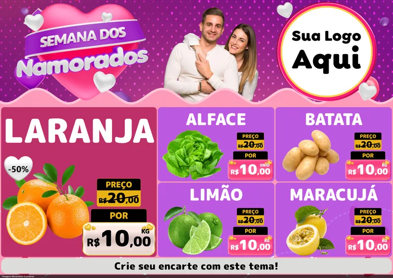 Modelo de Encarte para Encarte A4 Horizontal com o tema Semana dos Namorados para Hortifrúti