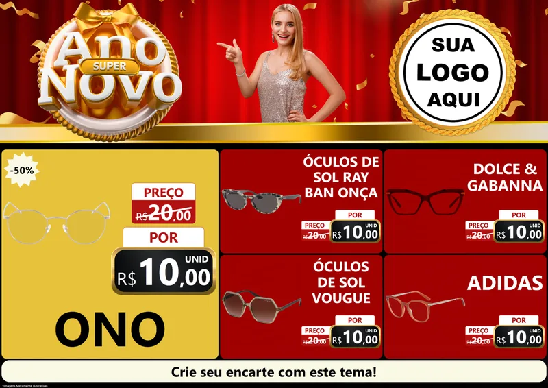 Modelo de Encarte para Encarte A4 Horizontal com o tema Super Ano Novo para Óticas