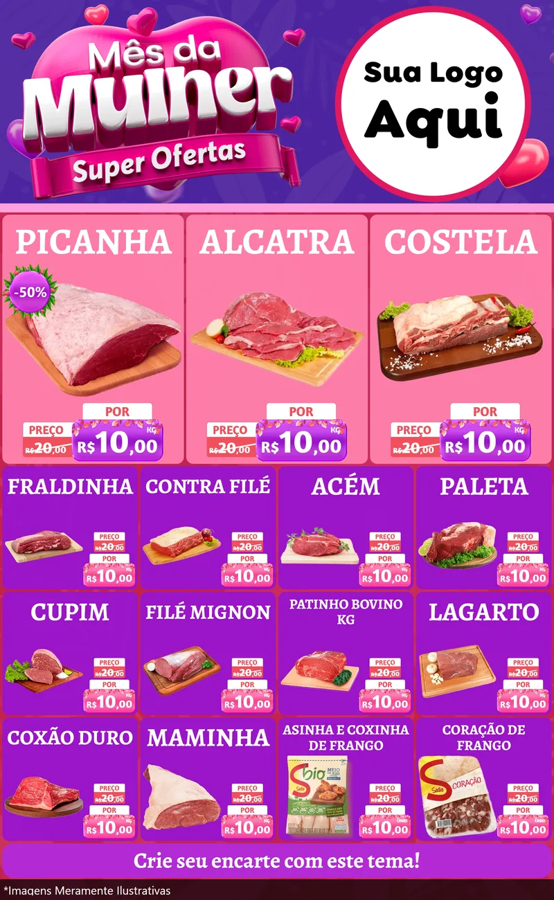 Modelo de Encarte para Encarte Grande com o tema Mês da Mulher - Super Ofertas para Açougue