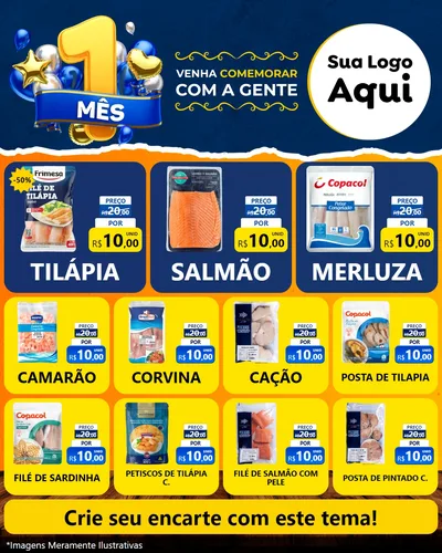 Modelo de Rede Social para Feed Instagram com o tema Um Mês de Aniversário para Peixaria